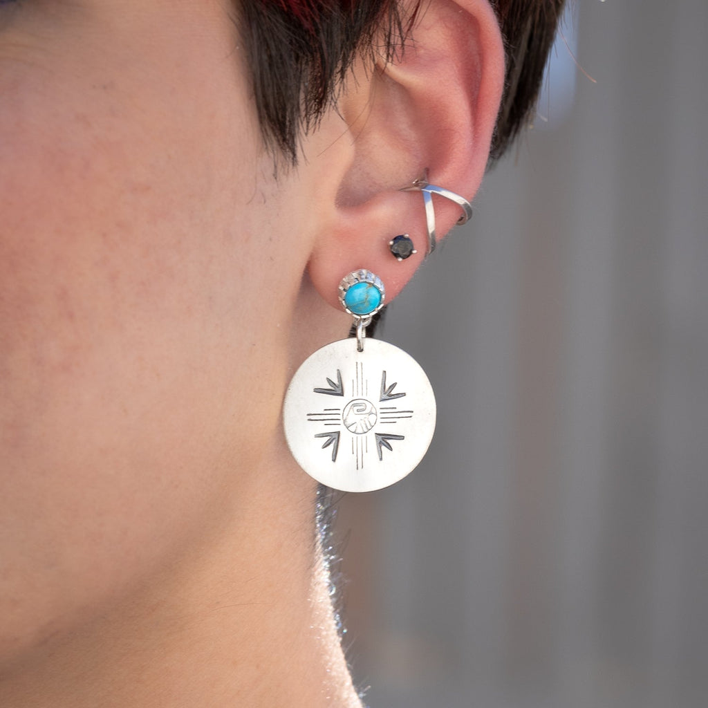 Hand stamped sterling silver drop earrings with Turquoise by TSkies 